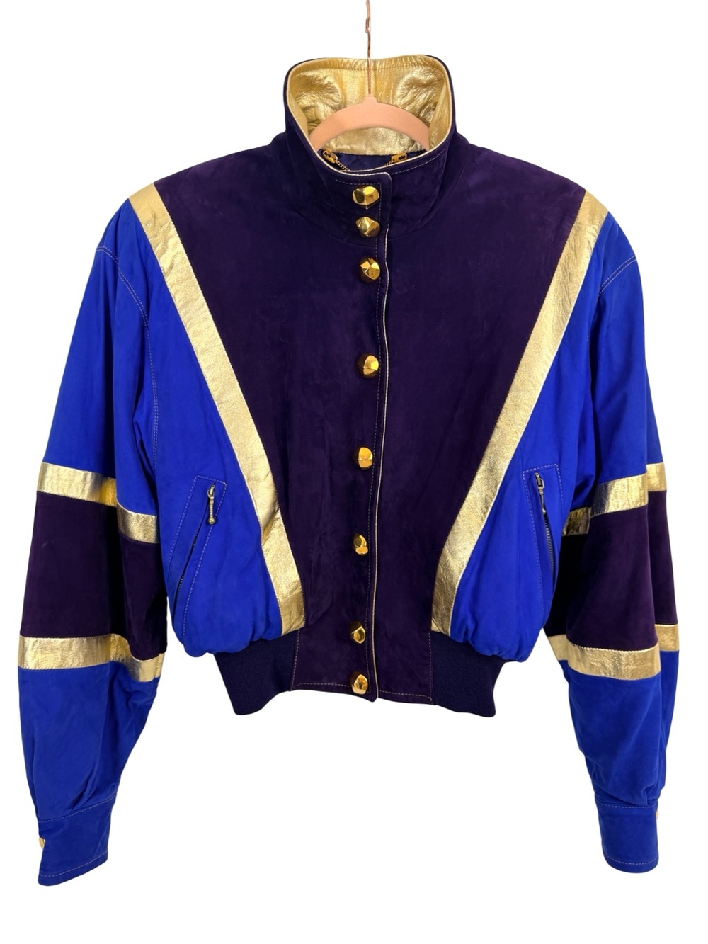 ESCADA Vintage Purple & Royal Blue Suede Bomber Jacket with Gold Trim 💜💙💛